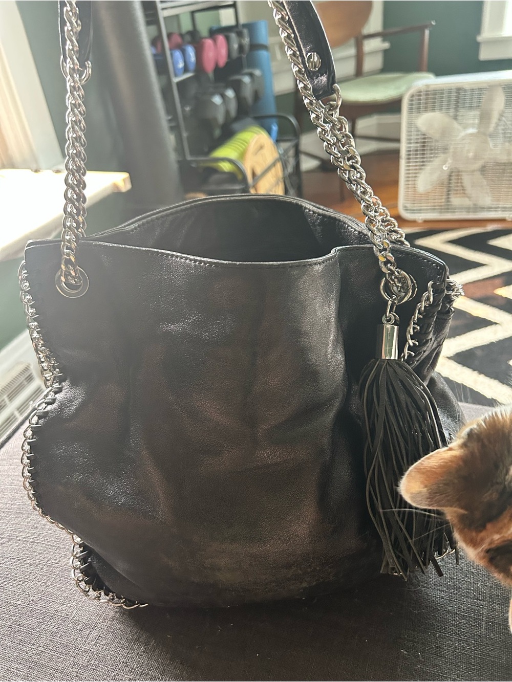 Michael Kors Black Leather Chain Shoulder Bag Tassel Silver Hardware